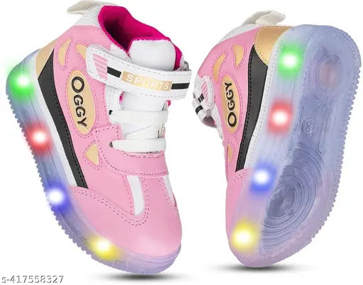 Synthetic leather, rubber-soled LED light-up sneakers for kids' outdoor/sports activities. Unisex design with Velcro fastening and comfortable insoles. Perfect for ages 18 months to 12 years. Made in India