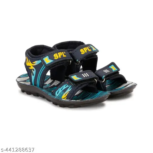 Comfortable blue/ylw patent leather boys sandal with printed net design, ideal for ages 12 months to 4 years