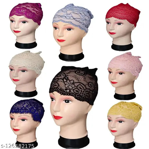 Lycra self-design head wrap net band pack of 8, ideal for Muslim women's hijab caps and scarves underwear, stretchable fabric prevents hair movement, Indian origin