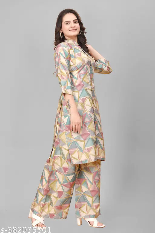 Indian designer kora muslin miller kurta with palazzos, three-quarter sleeves, printed net - S, M, L, XL, XXL, XXXL