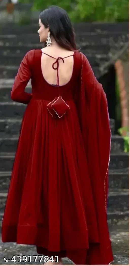 Maroon Georgette Anarkali Kurta with dupatta, Indian traditional long-sleeve outfit for women