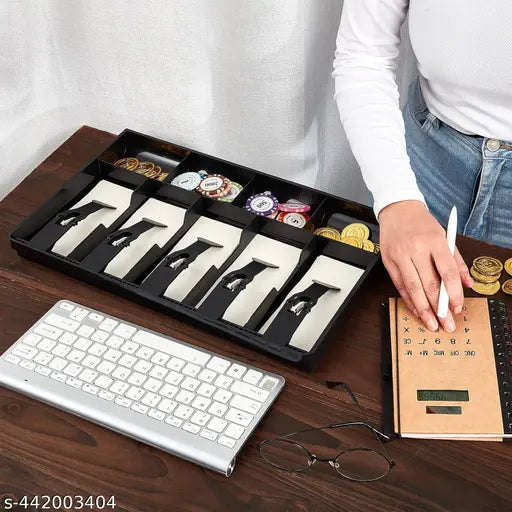 Black ABS cash register insert tray with 5 bill/4 coin compartments, durable design for easy organization and storage of bills and coins