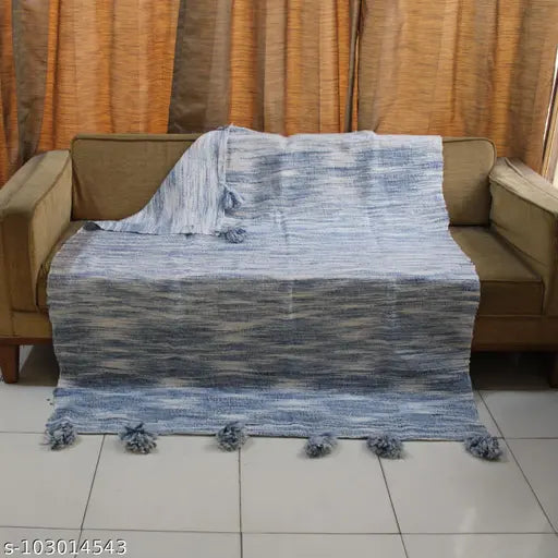 Blue acrylic throw blanket, ultra-thick, soft, cozy with long tassels fringe, India-made home decor