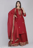 Maroon rayon kurta palazzo and dupatta with gold print, perfect for women's ethnic wear. Indian-made, comfortable, and stylish