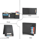Black artificial leather men's wallet, 7 card slots, textured body, bi-fold style, travel friendly