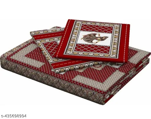 Red cotton elastic bedsheets with ethnic motifs, 2 pillow covers, ideal for adults in heavy winter, Indian origin
