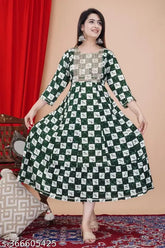 Rayon Proseen Print Anarkali Kurti with three-quarter sleeves and vibrant Indian print, size M for bust 38 inches, size length 45 inches