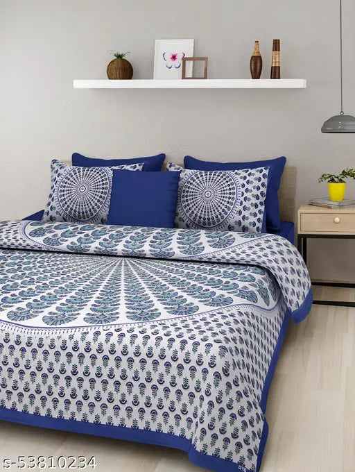 Sanganeri-printed cotton double bed sheet combo pack, featuring 2 bedsheets & 4 pillow covers. Jaipuri style, fine quality, ideal for adults. Thread count: 160. From India