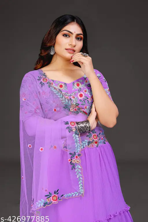 Embroidered Georgette women's choli & lahenga set (43in), super net dupatta - Indian traditional fancy wear