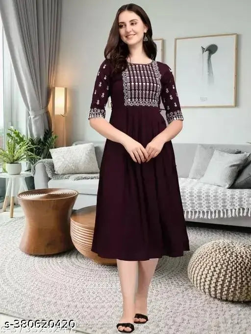 Embroidered viscose rayon three-quarter sleeve women's ethnic wear in soft colors - India