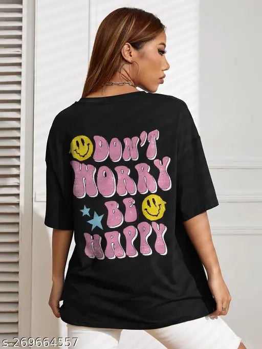 Oversized cotton t-shirt for women with 'Dont Worry Be Happy' printed design, vibrant and cheerful