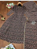 Moon-colored georgette gown with long sleeves, printed net design, and full sleeves. Size: L (40in bust, 50in length, 42in waist), XL (42in bust, 50in length, 44in waist), XXL (44in bust, 50in length, 46in waist). Faux georgette with rich digital print. India origin