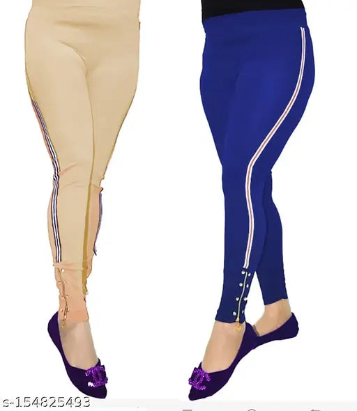 Cotton blend solid-colored chain bottom combo, beige and royal blue Patti jeggings set for women, sizes 28 & 30