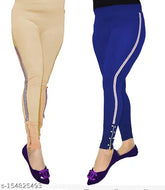 Cotton blend solid-colored chain bottom combo, beige and royal blue Patti jeggings set for women, sizes 28 & 30