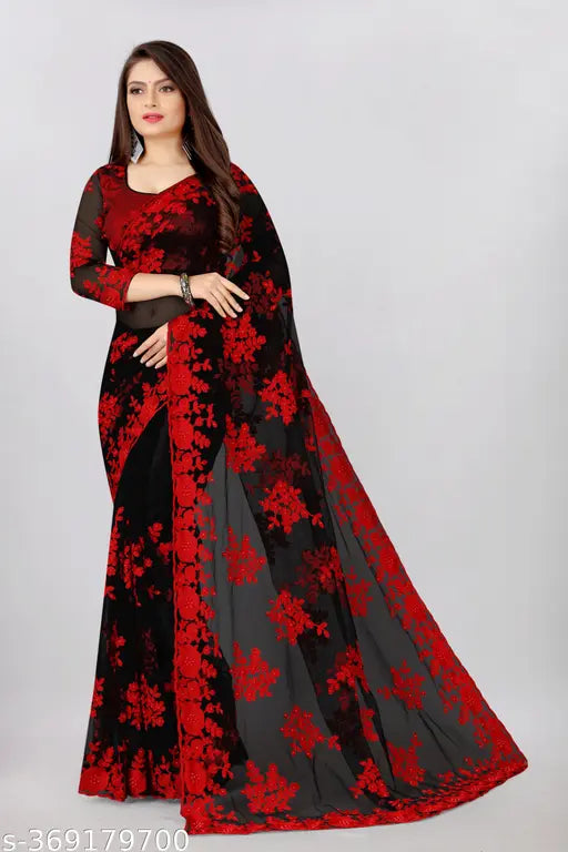 Soft butterfly net saree with chikankari all over, Indian hand embroidery on free-size saree