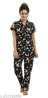 Satin printed nightdress and nightsuit for women, ideal for sleepwear and loungewear with elastic waist and side pockets, made in India