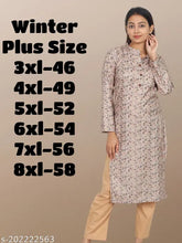 Plus size wool kurti for women (3XL-8XL), long sleeves, printed combo, India