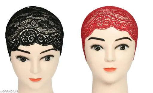 Black & dark red lycra hijab cap scarf headband, suitable for wearing with or without hijab, keeps hair away from face. Made in India (2 pcs)