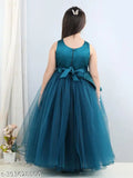 Teal blue girls' party dress with embellishments, sleeveless, net fabric, 1-2 years size (Indian origin)