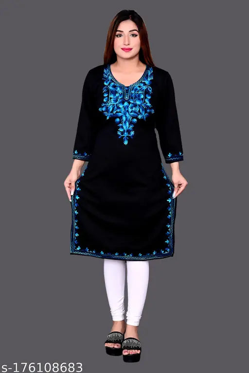 Woolen embroidered kurtis, three-quarter sleeve, warm and cozy Indian winter fashion