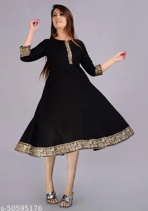 Stylish women's rayon flared kurta, solid combo, three-quarter sleeves, S (36in bust, 45in size length), India-made fashion