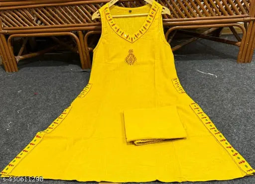 Sleeveless cotton linen kurta set with palazzo pants, embroidered full, perfect for office wear