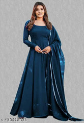 Georgette gown with dupatta, solid net, long sleeves, Indian-made women's formal wear set