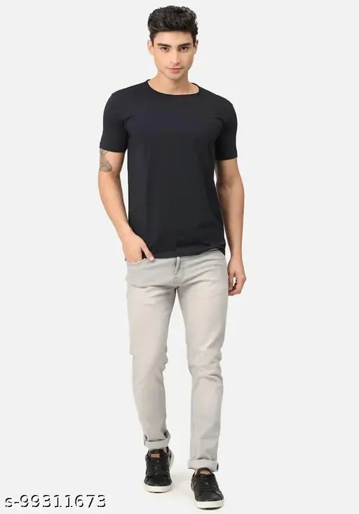 Black polyester men's t-shirt with short sleeves, solid design. (M: 40in chest, 28.5in length; L: 42in chest, 29in length; XL: 44in chest, 30in length)