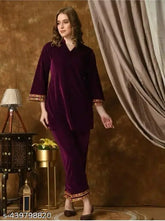 Velvet IndoWestern coord set, elegant velvet top and bottom with three-quarter sleeves, available in S, M, L, XL sizes