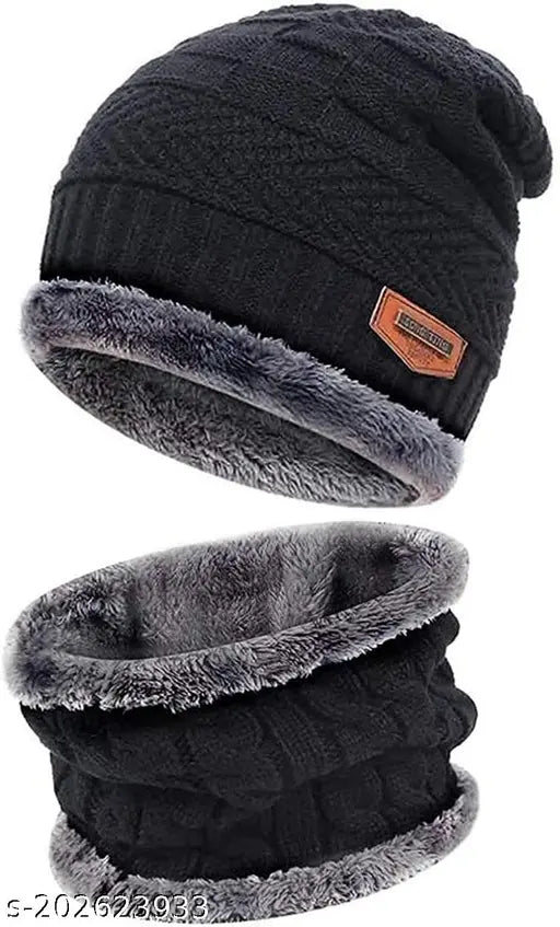 Multicolor wool winter hat & scarf set, thick fleece-lined for maximum warmth