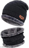Multicolor wool winter hat & scarf set, thick fleece-lined for maximum warmth