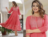Rayon embroidered tiered kurta dress, women's sequence workwear with three-quarter sleeves, available in multiple sizes (S-XXXXL). Indian handcrafted ethnic fashion on display