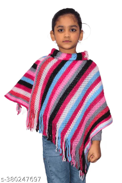 Woolen sleeveless child poncho multi, easy wash for 5-9 years, Indian handcrafted