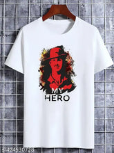 White polyester t-shirt featuring 'My Hero Bhagat Singh' printed design, short sleeves