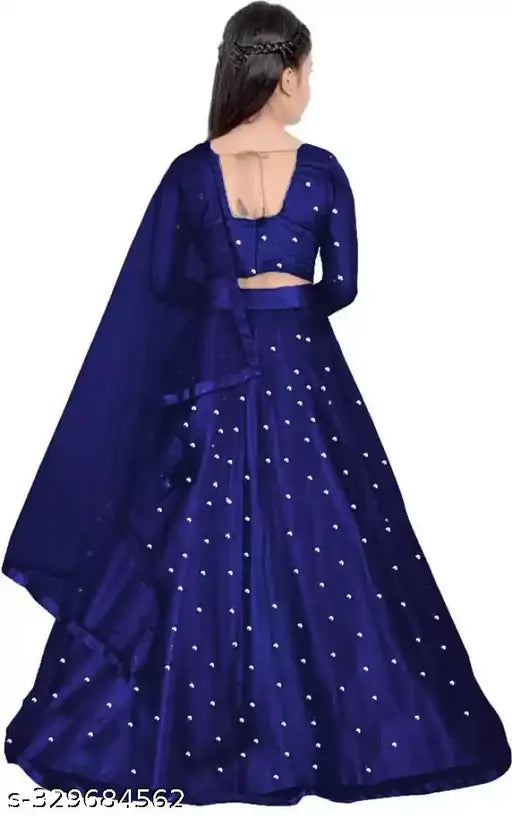 Acrylic net lengha choli set with abstract stitch embroidery, three-quarter sleeve for children's party wear, Indian traditional outfit