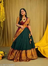 Traditional art silk half saree, South Indian style with unstitched choli and dupatta in litchi silk zari work, featuring woven designs and tussle details