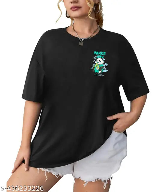 Black cotton blend oversize panda printed t-shirt, three-quarter sleeves, sizes S to XXL