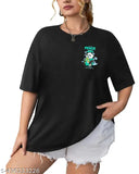 Black cotton blend oversize panda printed t-shirt, three-quarter sleeves, sizes S to XXL