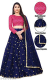 Royal Blue Taffeta Silk Lehenga Choli with Embroidered Net Dupatta and Blouse Piece - Indian designer net sequence for women (Free Size), close-up view