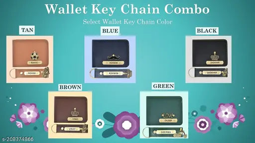 Faux leather/leatherette personalized wallet keychain combo for 2 compartments, customizable with name, charm design, and color. Free size (7cm x 7cm), made in India