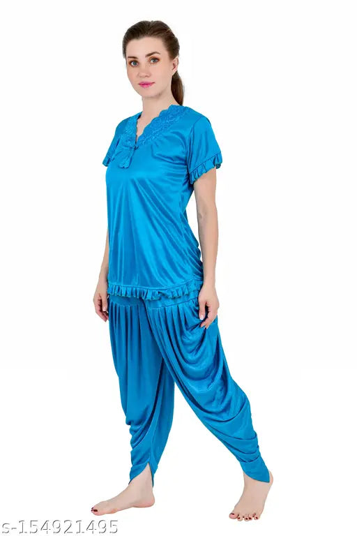 Women's satin night suit combo, unique women's satin night dresses set with patiala pants and short sleeves, S-XL sizes available