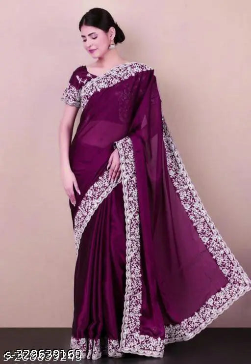 Indian Georgette and Banarasi Silk Designer Saree with Embroidered Cotton Thread & Sequins - Trending Saubhagya work, single free size (Saree length: 5.5m, Blouse length: 0.8m)