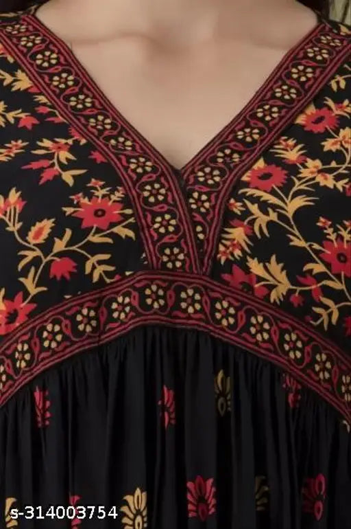 Black Rayon Anarkali Kurti, trendy floral printed, women's ethnic wear party dress with three-quarter sleeves. XS (Bust 34", Length 45") - 4XL (Bust 48", Length 45"). Perfect for fancy occasions