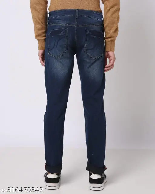 Blue denim men's jeans by RUSTICBLOOMS - Slim fit, mid-rise, sleek and versatile, suitable for casual and party wear. Available sizes: 28 (waist 28in, length 39in), 30 (waist 30in, length 39in), 32 (waist 32in, length 39in). Made in India