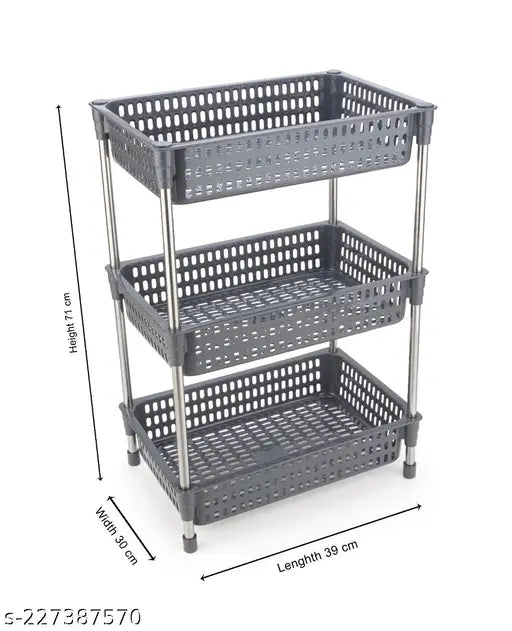 Grey 3-layer plastic-stainless steel kitchen trolley with fruit & vegetable baskets, onion potato rack. Space-saving organizer for bathroom, laundry room, or bedroom. Quick-release assembly, adjustable height. Made in India