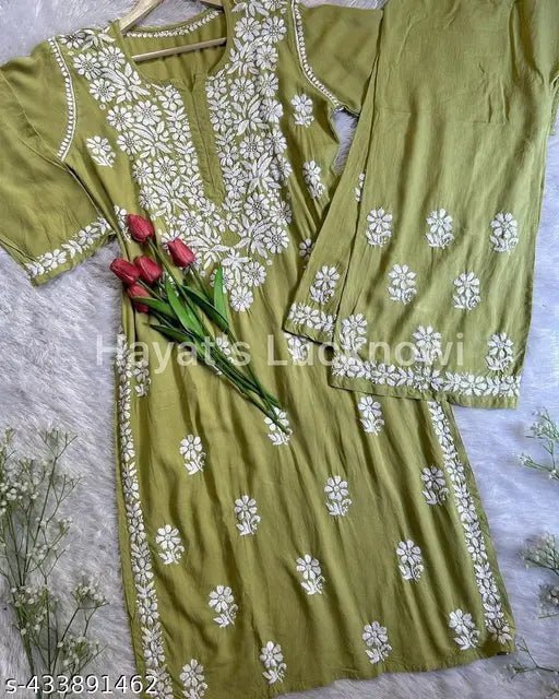 Mehndi Chikankari rayon kurta set with palazzos, printed net design, three-quarter sleeves. Handcrafted Indian rayon kurta and bottomwear set in various sizes: M, L, XL, XXL, XXXL, 4XL