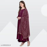 Purple Plus women's crepe kurta dupatta set, solid pattern, full sleeve and round neck, size XS