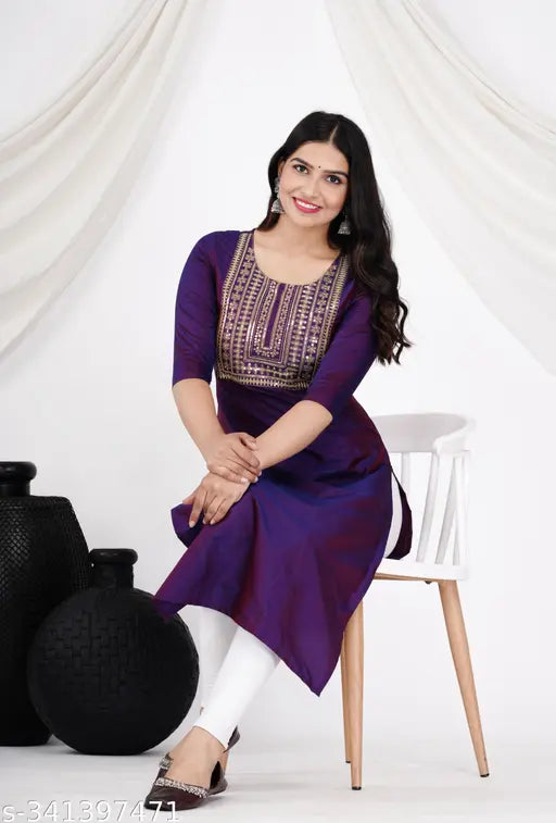 Indian Art Silk embroidered A-line kurta for women, sequin detail on three-quarter sleeves