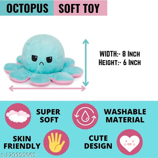 Reversible dark blue & pink octopus plush toy for kids, durable fabric net material, easy to clean