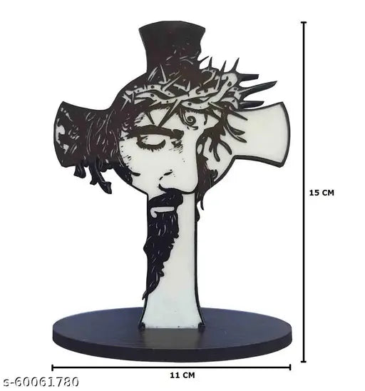 Wooden handcrafted Christian Cross with Jesus Christ Face and Crown of Thorns, perfect for car dashboards, 15x11x4 cm